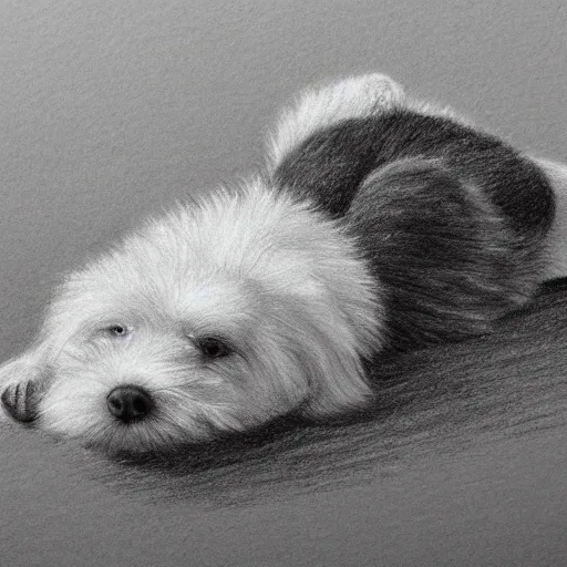 Prompt: A detailed drawing of a fluffy dog rolling over and looking at the viewer trending on artstation