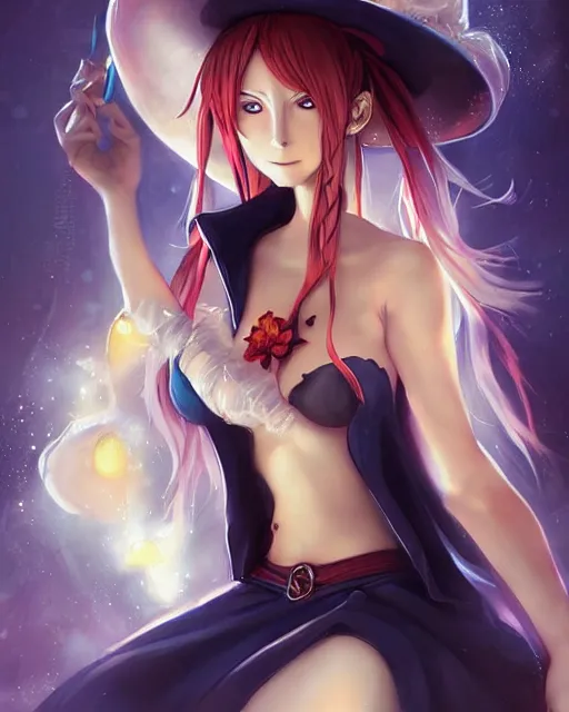 Image similar to beautiful portrait of a Witch who looks like Nami, One Piece anime character design by Ross Tran, artgerm detailed, soft lighting