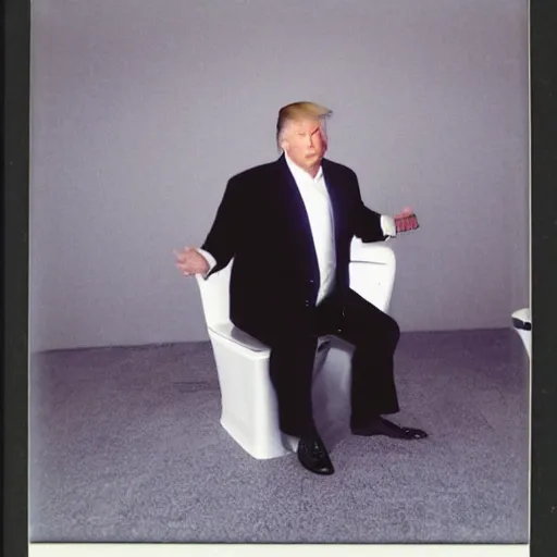 Image similar to donald trump seating on a toilet, polaroid photo