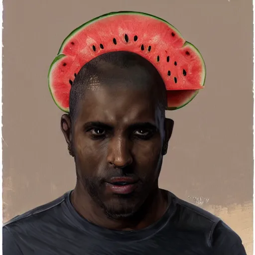Prompt: front portrait of a goofy looking neutral emotion black guy with a watermelon fruit helmet that covers only the top of his head by greg rutkowski