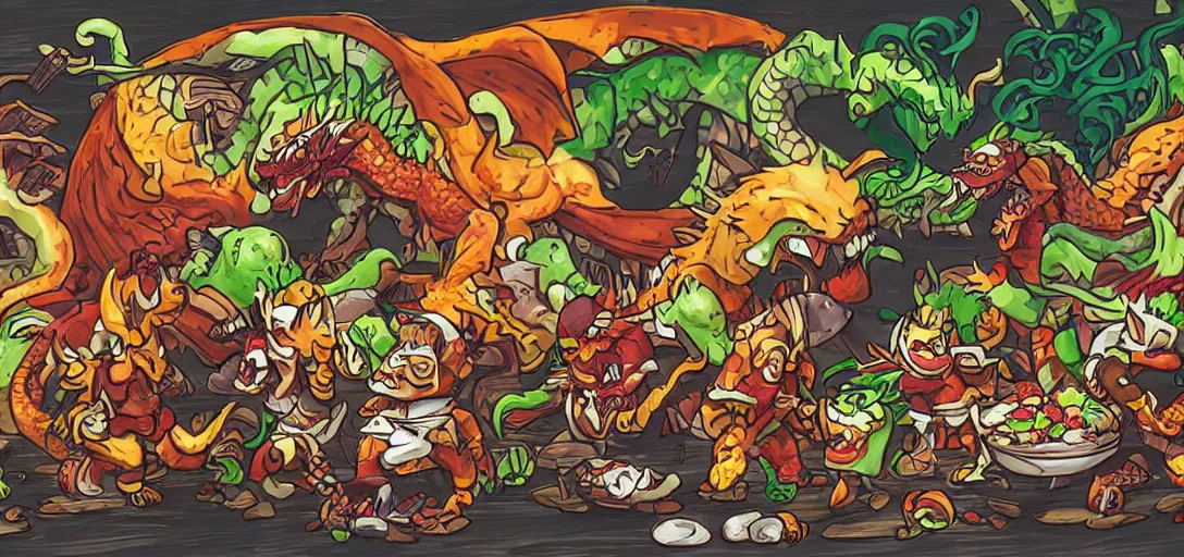 Prompt: food warriors fighting a food dragon