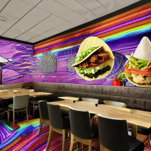 Prompt: Taco Bell dining room DMT trip visuals