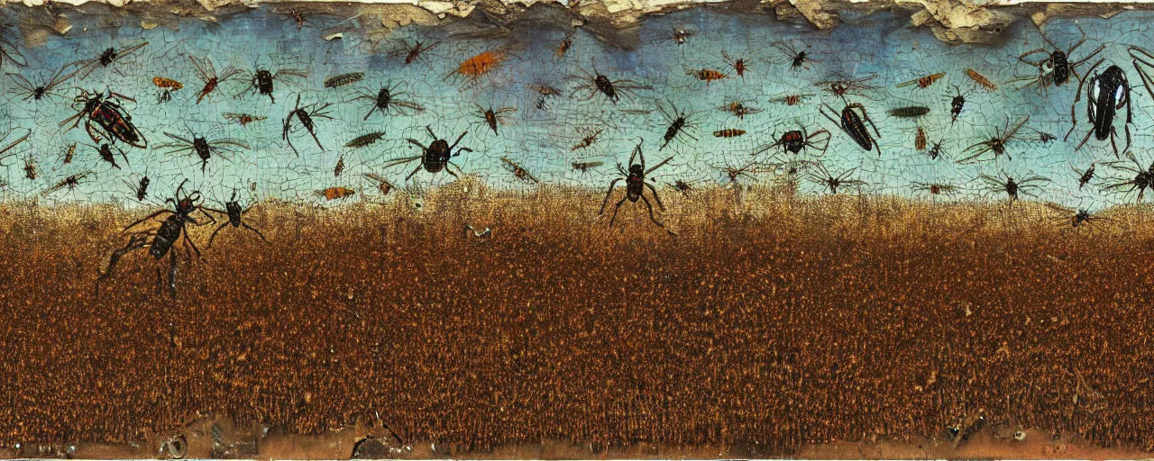 Image similar to strange giant insects, beetles and flies, swarming in a cornfield, oil painting by max ernst and anselm kiefer, decay, mixed media, textured, sharp focus, highly detailed, photographic emulsion cracked and peeling, rust, cinematic lighting, 8 k, hd