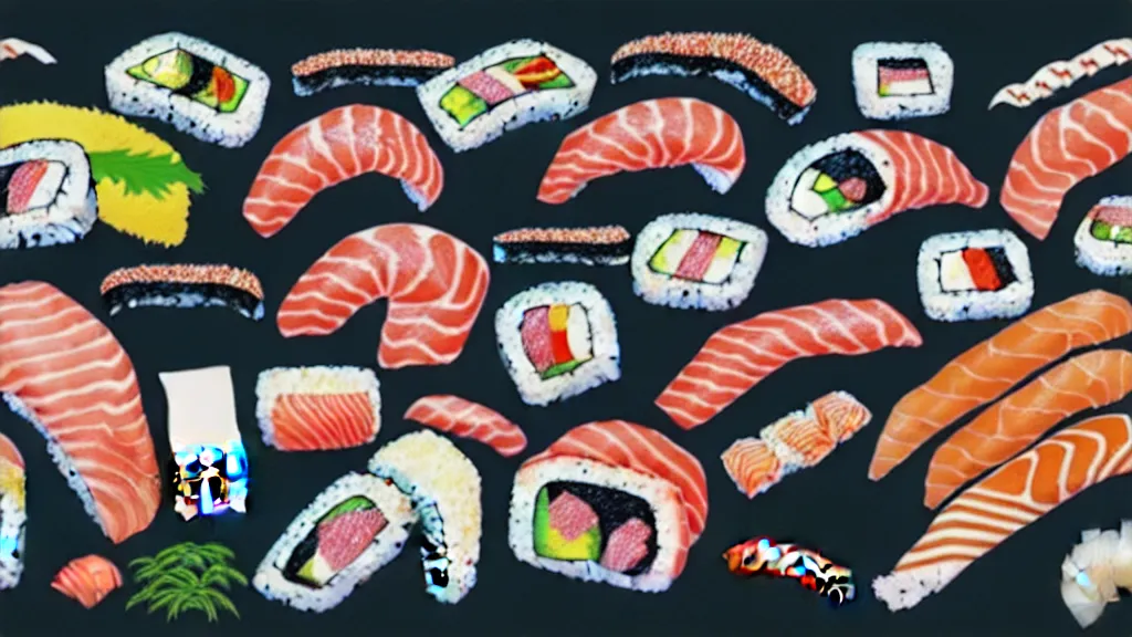 Image similar to a selection of single sushi platters, several items in an array, japan, a collage painting, in the style of wes anderson, lola dupre, david hockney, isolated on negative white space background dark monochrome neon spraypaint accents volumetric octane render