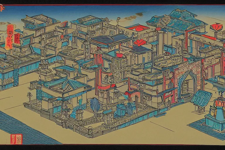 Image similar to a dungeons and dragons castle town. first person view from alleyway. r / retrofuturism and ukiyo - e