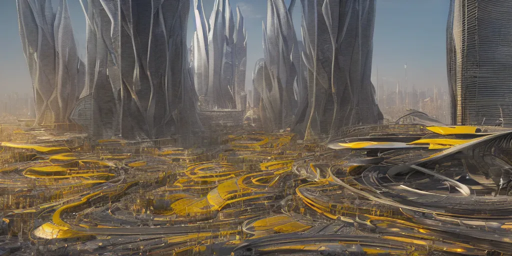 Prompt: a beautiful hyper realistic photograph, octane render, architectural render of utopia megaestrutura of cyberpunk, by norman foster + zaha hadid, extremely detailed, chartpak ad markers, pastel color, yellow and orange color scheme, 8 k,