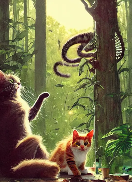 Image similar to a hyper realistic cat meeting an alien. and sunbeams blue sky, lush forest foliage painting by chiara bautista and norman rockwell and greg rutkowski weta studio, and lucasfilm