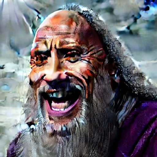 Prompt: dwayne johnson as an old druid wizard, bald, bushy grey eyebrows, long grey hair, disheveled, wise old man, wearing a grey wizard hat, wearing a purple detailed coat, a bushy grey beard, sorcerer, he is a mad old man, laughing and yelling