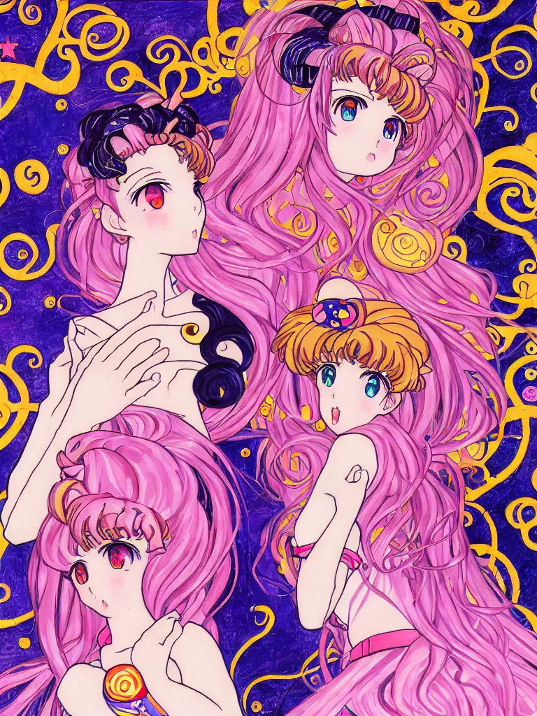 Prompt: resolution 4k Sailor Moon Skirts Anime Sailor Moon characters posing Pink, Girly, Feminine Hearts Painterly art in the style of Gustav Klimt