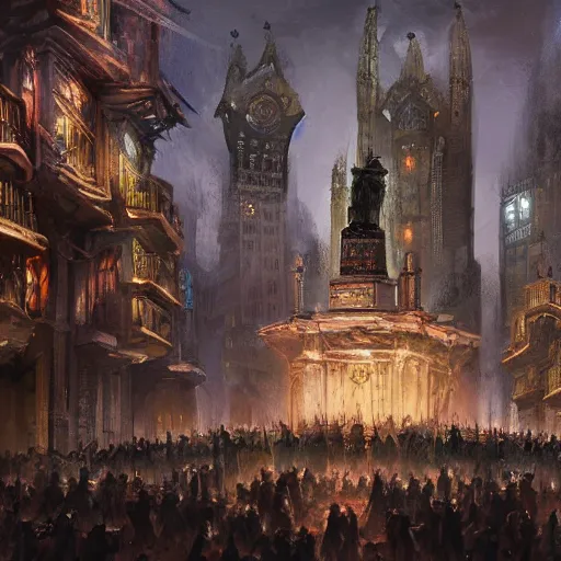 a dark medieval magical city with a crowd of people in | Stable ...