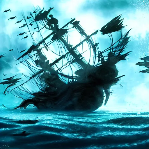 Prompt: ghosts pirate ship underwater by ross tran. movie still, below water