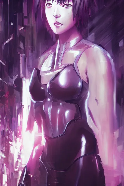 Image similar to a still fullbody portrait of motoko kusanagi ghost in the shell, finely detailed features, closeup at the faces, perfect art, at a cyberpunk city, gapmoe yandere grimdark, trending on pixiv fanbox, by ilya kuvshinov, rossdraws, artgerm