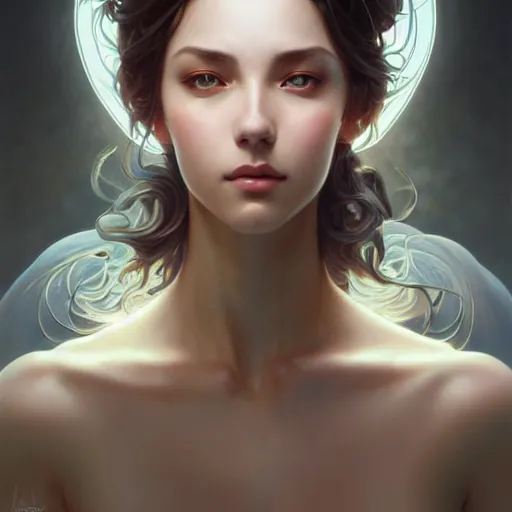 Image similar to beautiful woman, symmetry, portrait, anime!!, fantasy, ultra detailed, elegant, intricate, dynamic lighting, hyperrealism, digital art, digital painting, artstation, wlop, sharp focus, illustration, art by artgerm and greg rutkowski and alphonse mucha, 8 k