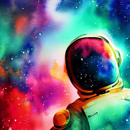 Prompt: beautiful watercolor painting of a colorful nebula, a lone astronaut drifting through space, stunning, 4 k