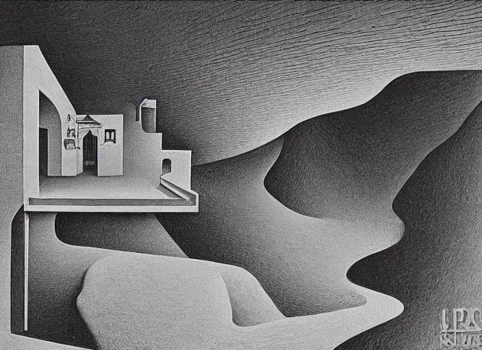 Image similar to a house in a desert landscape, painting by mc escher, very detailed, illusion, surreal!!!, beautiful
