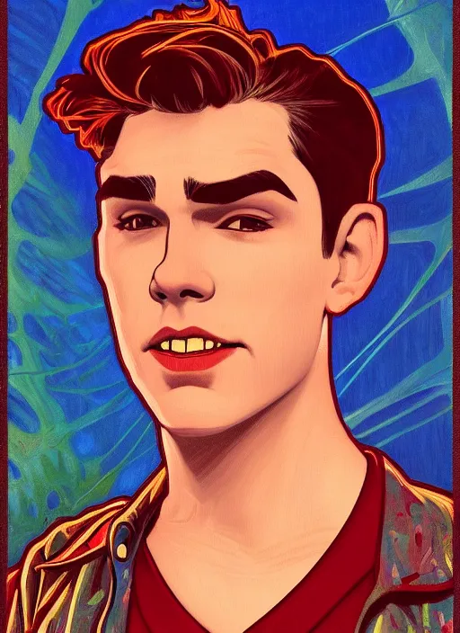 Image similar to ! dream oil portrait of archie andrews with a really small jughead jones on his shoulder, intricate, elegant, highly detailed, lighting, painting, artstation, smooth, illustration, art by greg rutowski and alphonse mucha