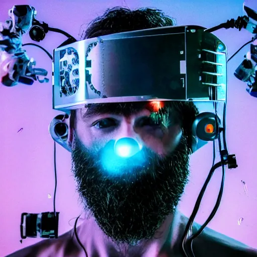 Image similar to Beautiful Photo of Arduino Uno in the robot's head. beard man. Cyberpunk. splatterpunk. 4K