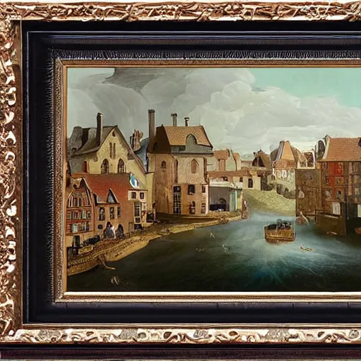 Prompt: Raining Outside inside house + A Beautiful painting of European town The year is 1680 Highly detailed, epic composition, Dramatic lighting, Epic Wide angle, a futuristic city made black Iron stone, the style Wes Anderson sci-fi movie, 4k, high hyper realistic