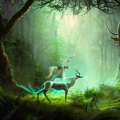 Prompt: beautiful elven celestial stag. beautiful highly detailed forest background. green and blue light. accurate, sci - fi concept art, intricate, elegant, trending on art station 8 k rendering.