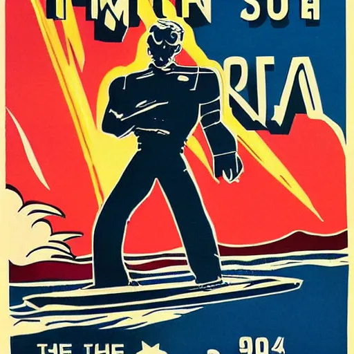 Prompt: the terminator surfing usa 1 9 5 0 s color illustration