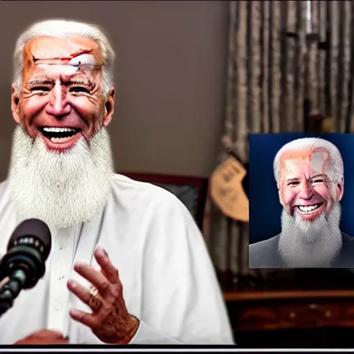 Prompt: 4 k hdr portrait wide angle photo of president joe biden as a taliban muslim leader with a beard laughing at a dinner table meeting surrounded by taliban terrorist leaders