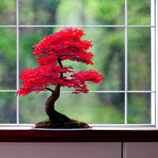 Prompt: photo of a red maple bonsai in a kitchen, next to a window, beautiful, high detail, cinematic,