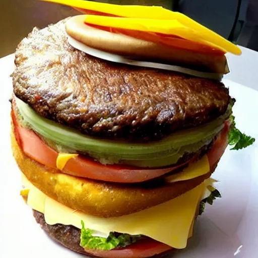 Image similar to a cheeseburger tower made of gigantic stacks of meat patties and cheese slices with a bun on each side, delicious looking burger - stack - tower