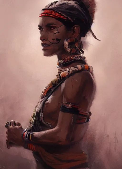 Image similar to A painting of a tribal woman, trending on artstation in the style of Greg Rutkowski