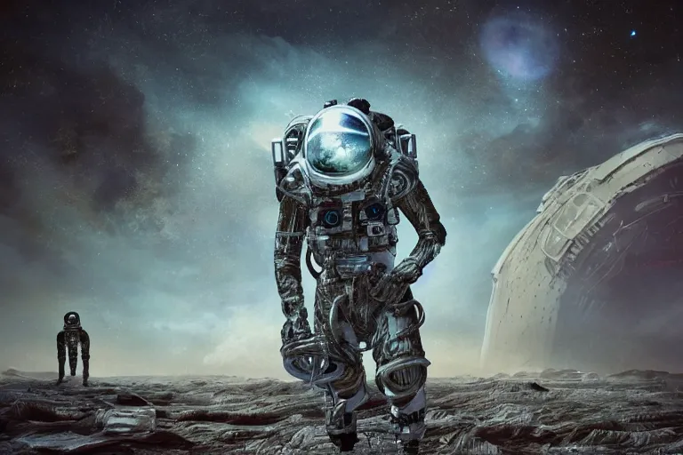 Image similar to distant low angel photograph of an astronaut exploring an abandoned alien planet with alien skeletons, alien skulls, fallen kingdom city ruins, science fiction, detailed space suit, cinematic, hypermaximalist, detailed, 4k, 8k, breathtaking stars, surrealism, distant, concept art, digital art, sharp focus, reflections, RTX, octane render, acid pixie, Trending on DeviantArt