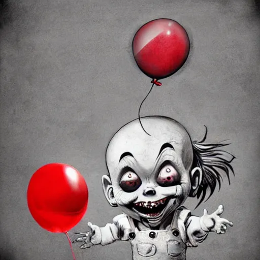 Prompt: grunge cartoon landscape sketch of chucky with a wide smile and a red balloon by - michal karcz, loony toons style, pennywise style, chucky style, horror theme, detailed, elegant, intricate