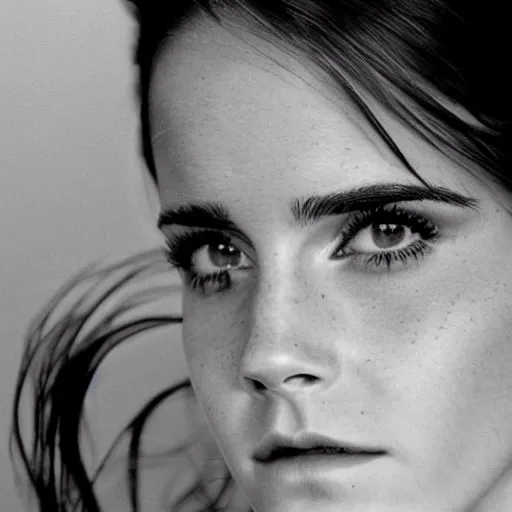 Image similar to Emma Watson closeup of face shoulders and very long hair hair pouting and grinning Vogue fashion shoot by Peter Lindbergh fashion poses detailed professional studio lighting dramatic shadows professional photograph by Cecil Beaton, Lee Miller, Irving Penn, David Bailey, Corinne Day, Patrick Demarchelier, Nick Knight, Herb Ritts, Mario Testino, Tim Walker, Bruce Weber, Edward Steichen, Albert Watson