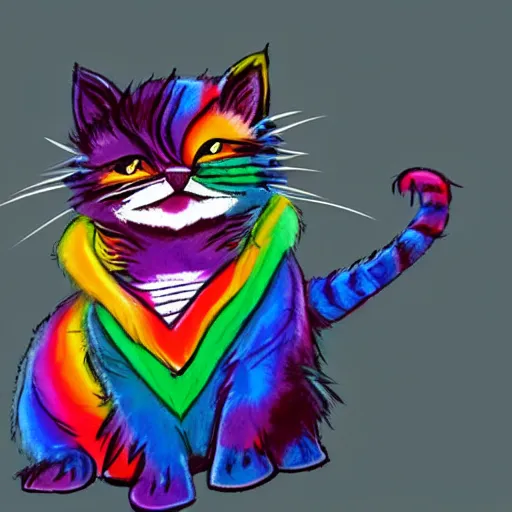 Image similar to wide angle full body, jacket wearing fluffy cute rainbow kitten wearing a black leather motorcycle jacket, cinematic concept art