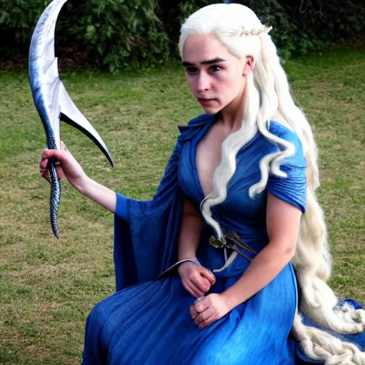 Image similar to a selfie of daenerys targaryen and a cosplay of daenerys targaryen, medium shot, detailed eyes,