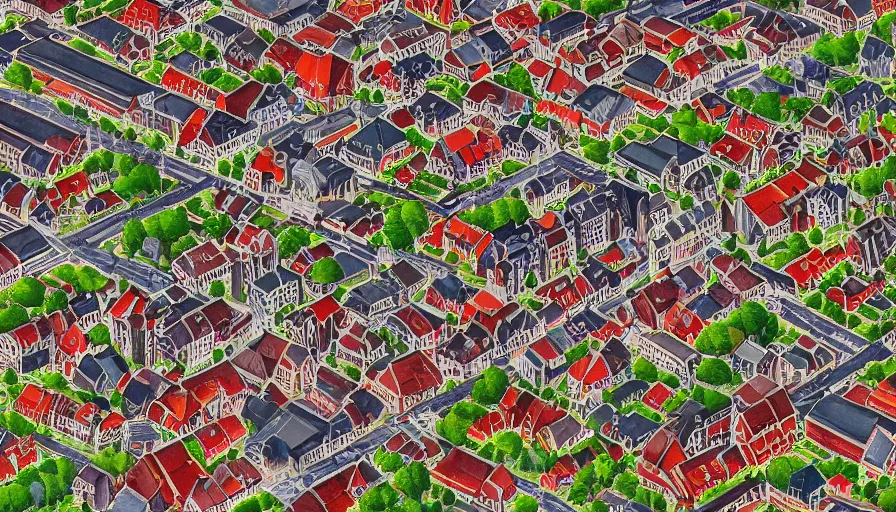 Prompt: dutch townscape, top - down isometric view, painting