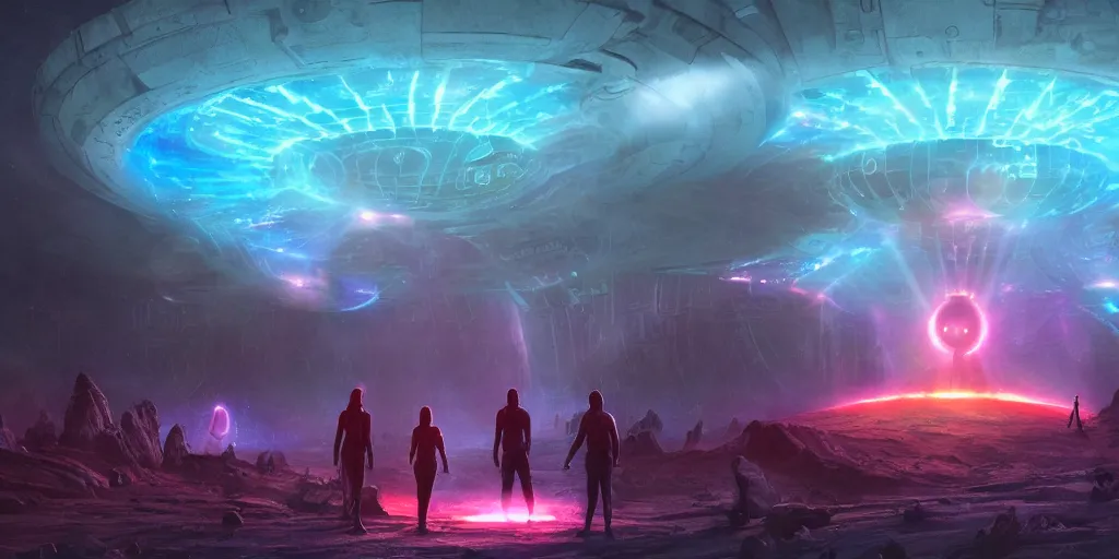 Prompt: ancient alien portal, stargate, large crowd of androids, android close to camera, beams of light from sky, matte painting, electric sky, dreamscape, stars, global illumination, the great beyond, pilgrimage, trending on artstation, color palette of movie mandy 2 0 1 8