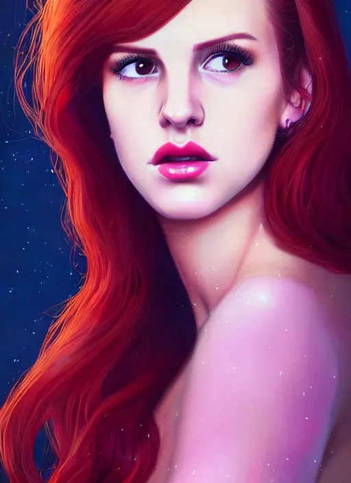 Image similar to full body portrait of teenage cheryl blossom, bangs, green eyes, mischievous expression, red hair, sultry smirk, bangs and wavy hair, 1 9 8 0 s, intricate, elegant, glowing lights, highly detailed, digital painting, artstation, concept art, smooth, sharp focus, illustration, art by wlop, mars ravelo and greg rutkowski