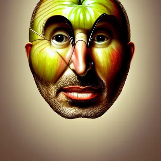 Image similar to apples arranged in the shape of a face resembling steve jobs, fantasy, intricate, elegant, highly detailed, lifelike, photorealistic, digital painting, artstation, illustration, smooth, sharp focus, art by giuseppe arcimboldo