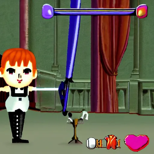 Prompt: the addams family with swords, all winking, Nintendo 64 Screenshot