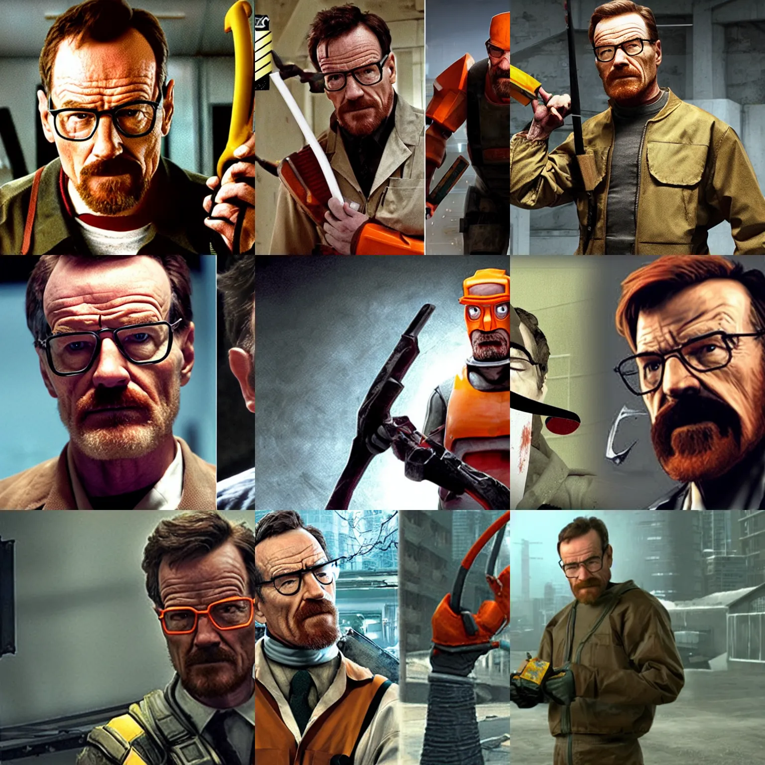 Prompt: Bryan Cranston as Gordon Freeman, holding a scrap, still from Half-Life movie