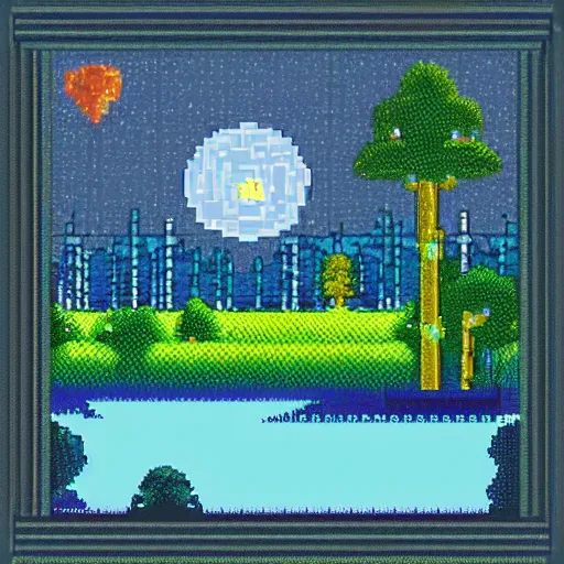 Image similar to pixel art of a lake at night in a forest, dark blue colors