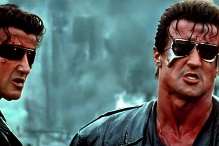 Image similar to a film still of Sylvester Stallone as the Terminator from the movie Terminator 2: Judgment Day (1991)