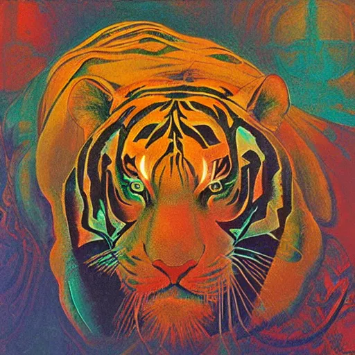 Prompt: geometric iridescent glowing rivulet hexagon tiger vinegar can scrapbook, by raphael and zdzisław beksinski and mikhail larionov, detailed painting, mixed media, dc comics