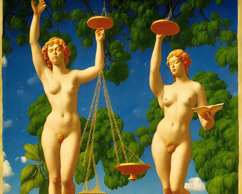 Image similar to achingly beautiful print of lady justice in a tropical temple by raphael, hopper, and rene magritte. detailed, romantic, enchanting, trending on artstation.