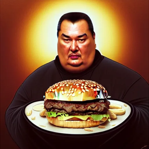 Image similar to Morbidly Obese Steven Seagal eating a mcdonald's big mac hamburger, dripping BBQ Sauce, serving burgers, intricate, elegant, low-brow kitsch grotesque, magical mystical, highly detailed, digital painting, artstation, concept art, matte, sharp focus, hyperreal, art by Artgerm and Greg Rutkowski and Alphonse Mucha