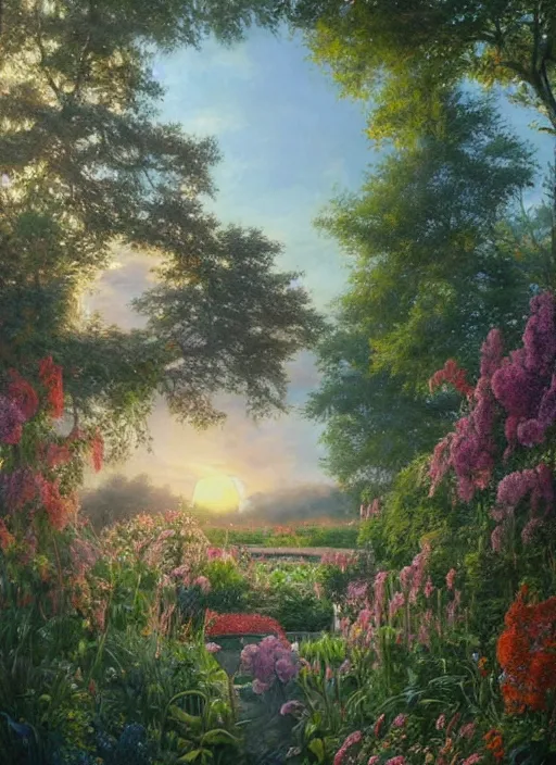 Prompt: View of a beautiful sunset in the garden, oil on canvas, intricate, portrait, 8k highly professionally detailed, HDR, CGsociety, illustration painting by Mandy Jurgens and Małgorzata Kmiec and Dang My Linh and Lulu Chen and Alexis Franklin and Filip Hodas and Pascal Blanché and Bastien Lecouffe Deharme, detailed intricate ink illustration, heavenly atmosphere, detailed illustration, hd, 4k, digital art, overdetailed art, concept art, complementing colors, trending on artstation, Cgstudio, the most beautiful image ever created, dramatic, subtle details, illustration painting by alphonse mucha and frank frazetta daarken, vibrant colors, 8K, style by Wes Anderson, award winning artwork, high quality printing, fine art, gold elements, intricate, epic lighting, very very very very beautiful scenery, 8k resolution, digital painting, sharp focus, professional art, atmospheric environment, art by artgerm and greg rutkowski, by simon stålenhag, rendered by Beeple, by Makoto Shinkai, syd meade, 8k ultra hd, artstationHD, 3d render, hyper detailed, elegant, by craig mullins and marc simonetti, Ross Tran and WLOP, by Andrew Wyeth and Gerald Brom, John singer Sargent and James gurney