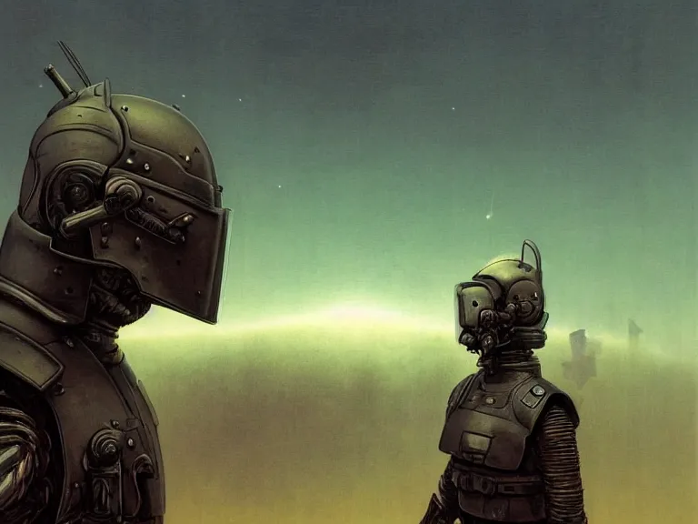 Image similar to a detailed profile portrait painting of a bounty hunter in combat armour and visor gazing into the sky. Smoke. cinematic sci-fi poster. Cloth and metal, samurai Flight suit, accurate anatomy portrait symmetrical and science fiction theme with lightning, aurora lighting clouds and stars. Clean and minimal design by beksinski carl spitzweg moebius and tuomas korpi. baroque elements. baroque element. intricate artwork by caravaggio. Oil painting. Trending on artstation. 8k