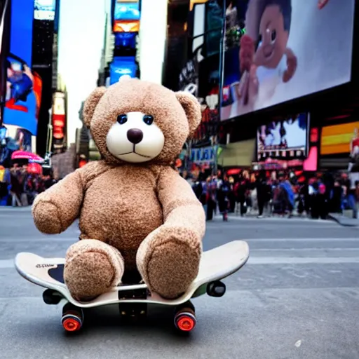 Prompt: a photo of a teddy bear on a skateboard in times square