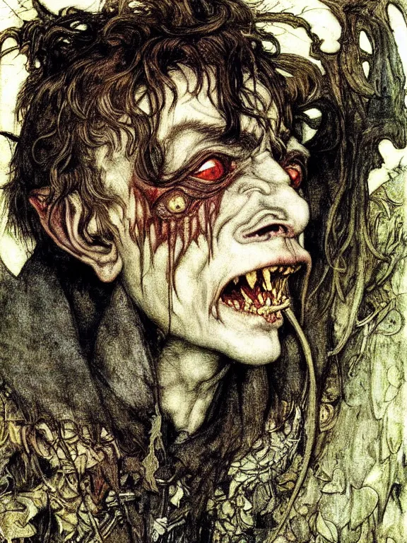 Prompt: Evil goblin. Extremely high detail, details, realistic, masterpiece, colorful. Portrait painting by Arthur Rackham, Muzinabu, Johann Tischbein, Eugene de Blaas, Frederic Leighton, Harry Clarke