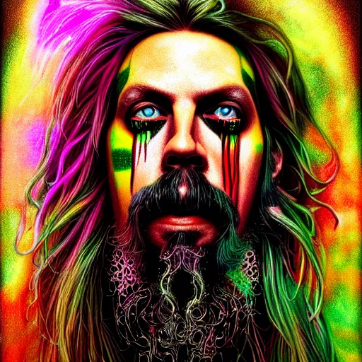 Image similar to An extremely psychedelic portrait of Rob Zombie, surreal, LSD, face, detailed, intricate, elegant, lithe, highly detailed, digital painting, artstation, concept art, smooth, sharp focus, illustration