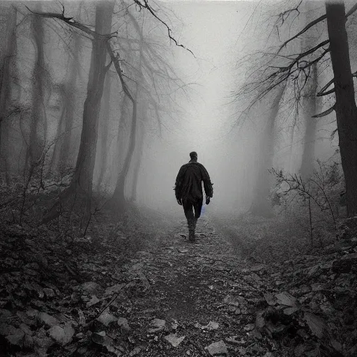 Prompt: old photograph of a monster walking through an eerie forest behind a hiker